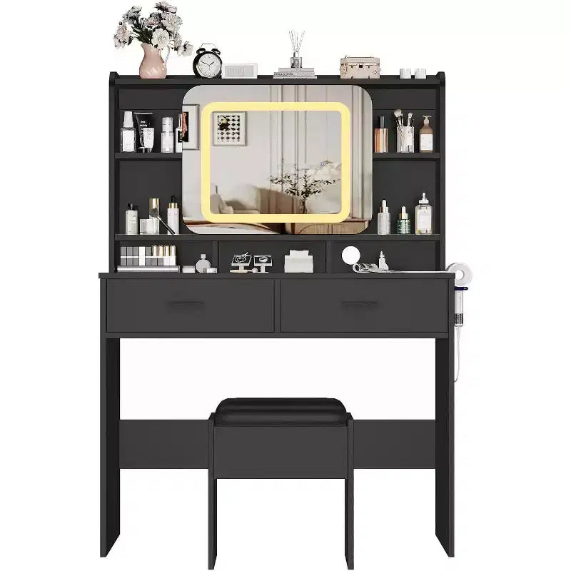 Dressers Vanity Desk with Sliding Mirror, Touch Lighting, Charging Station, 2 Drawers & Shelves, Stool, Bedroom Makeup Table