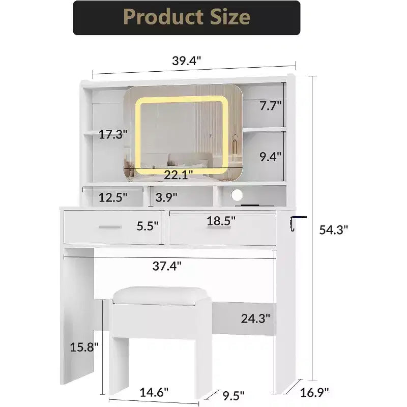Dressers Vanity Desk with Sliding Mirror, Touch Lighting, Charging Station, 2 Drawers & Shelves, Stool, Bedroom Makeup Table