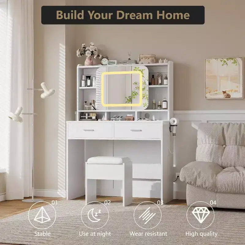 Dressers Vanity Desk with Sliding Mirror, Touch Lighting, Charging Station, 2 Drawers & Shelves, Stool, Bedroom Makeup Table