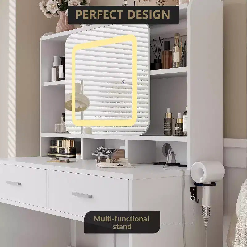 Dressers Vanity Desk with Sliding Mirror, Touch Lighting, Charging Station, 2 Drawers & Shelves, Stool, Bedroom Makeup Table