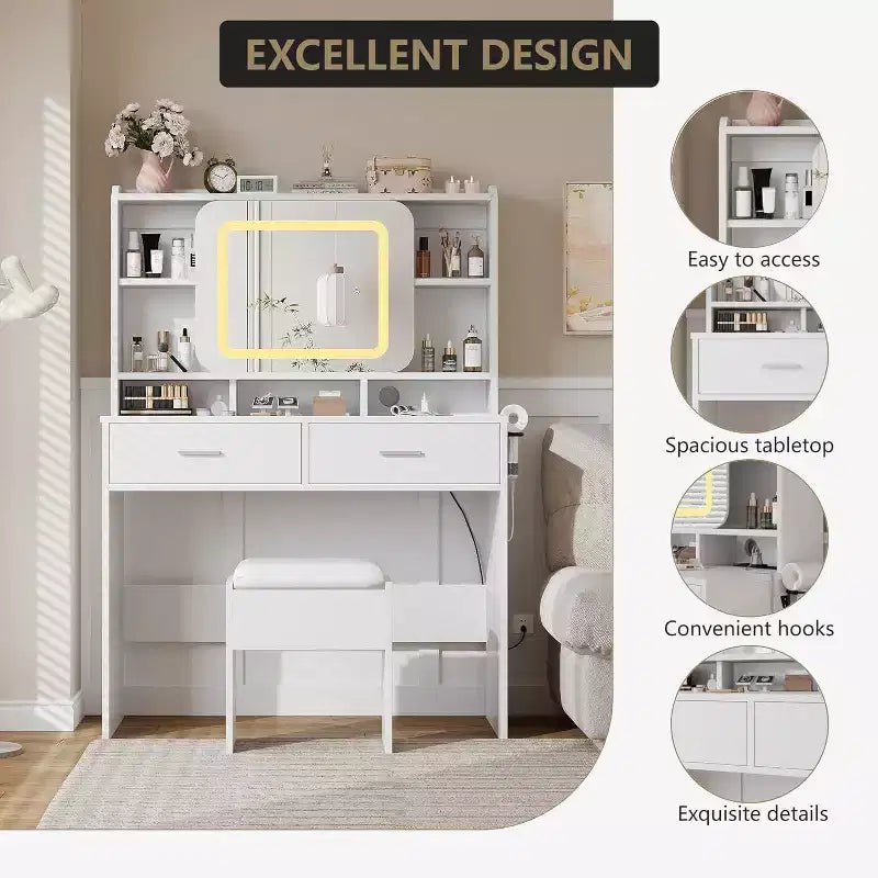 Dressers Vanity Desk with Sliding Mirror, Touch Lighting, Charging Station, 2 Drawers & Shelves, Stool, Bedroom Makeup Table