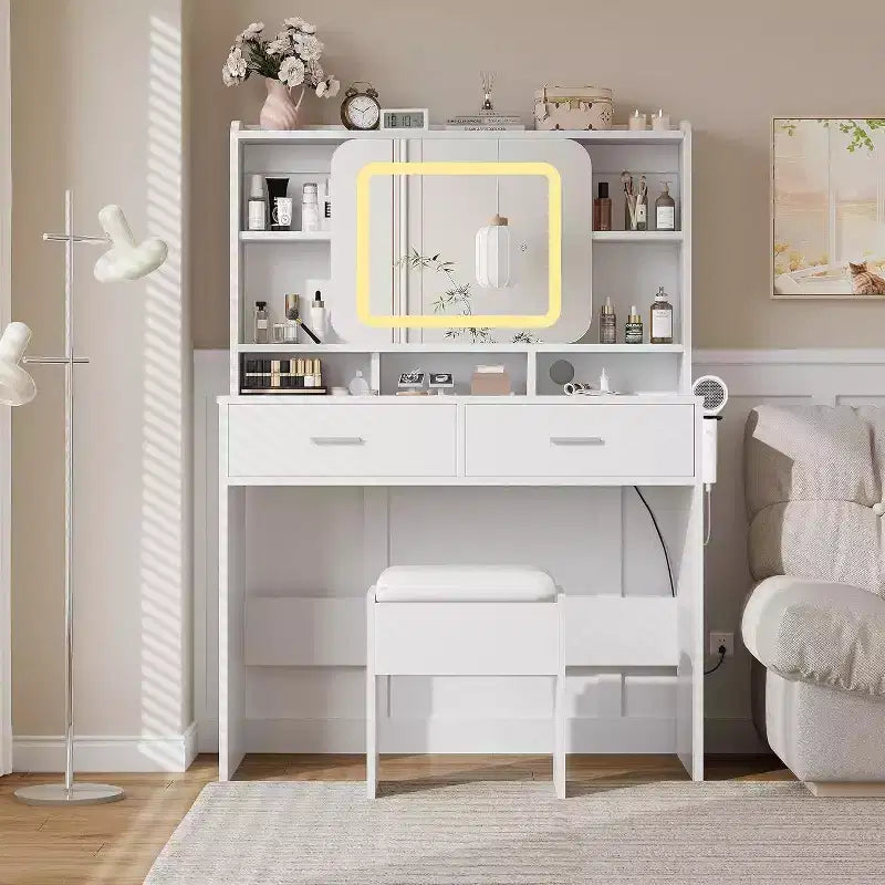 Dressers Vanity Desk with Sliding Mirror, Touch Lighting, Charging Station, 2 Drawers & Shelves, Stool, Bedroom Makeup Table