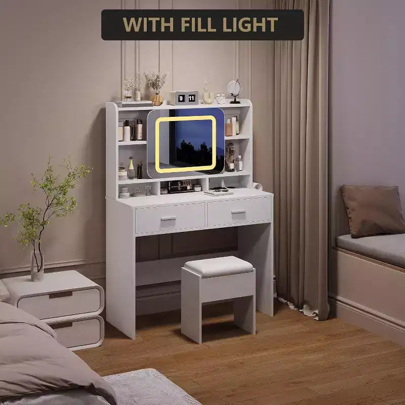 Dressers Vanity Desk with Sliding Mirror, Touch Lighting, Charging Station, 2 Drawers & Shelves, Stool, Bedroom Makeup Table