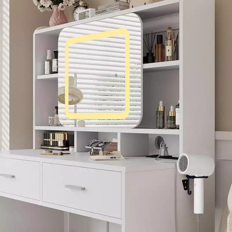 Dressers Vanity Desk with Sliding Mirror, Touch Lighting, Charging Station, 2 Drawers & Shelves, Stool, Bedroom Makeup Table