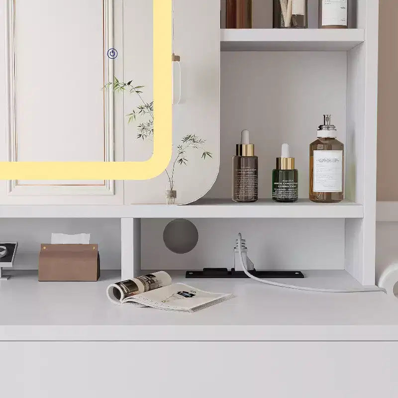 Dressers Vanity Desk with Sliding Mirror, Touch Lighting, Charging Station, 2 Drawers & Shelves, Stool, Bedroom Makeup Table