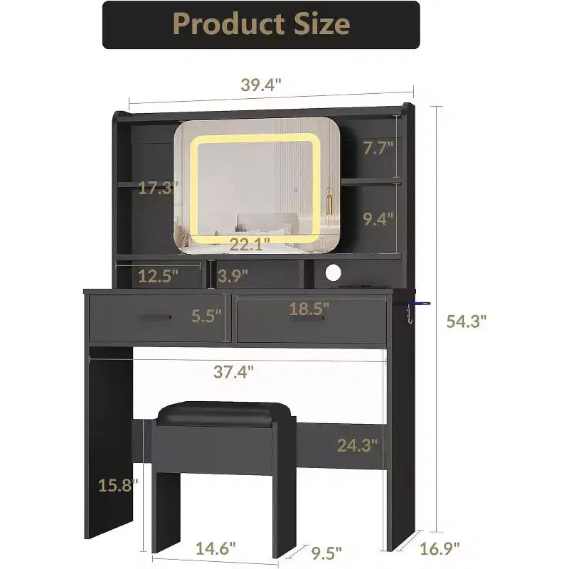 Dressers Vanity Desk with Sliding Mirror, Touch Lighting, Charging Station, 2 Drawers & Shelves, Stool, Bedroom Makeup Table