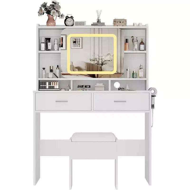 Dressers Vanity Desk with Sliding Mirror, Touch Lighting, Charging Station, 2 Drawers & Shelves, Stool, Bedroom Makeup Table