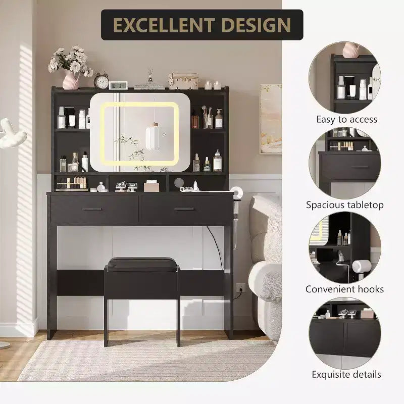 Dressers Vanity Desk with Sliding Mirror, Touch Lighting, Charging Station, 2 Drawers & Shelves, Stool, Bedroom Makeup Table