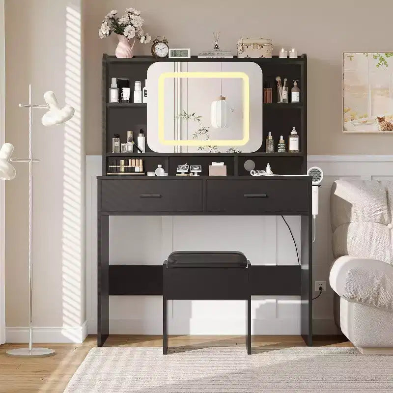 Dressers Vanity Desk with Sliding Mirror, Touch Lighting, Charging Station, 2 Drawers & Shelves, Stool, Bedroom Makeup Table