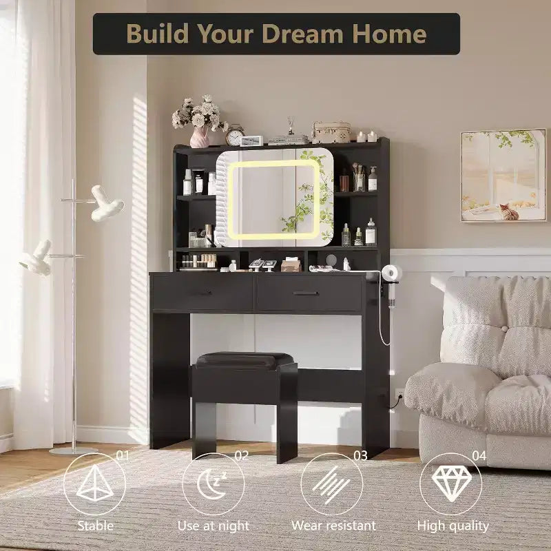 Dressers Vanity Desk with Sliding Mirror, Touch Lighting, Charging Station, 2 Drawers & Shelves, Stool, Bedroom Makeup Table