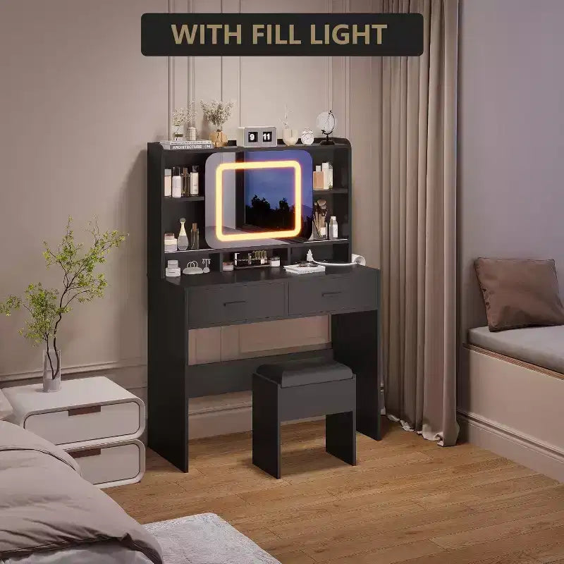 Dressers Vanity Desk with Sliding Mirror, Touch Lighting, Charging Station, 2 Drawers & Shelves, Stool, Bedroom Makeup Table