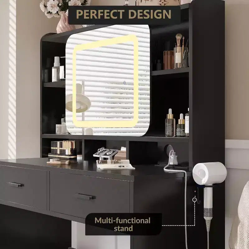 Dressers Vanity Desk with Sliding Mirror, Touch Lighting, Charging Station, 2 Drawers & Shelves, Stool, Bedroom Makeup Table