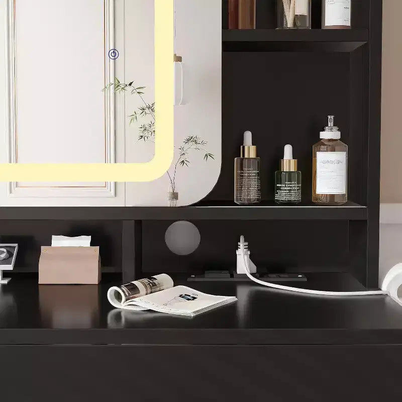 Dressers Vanity Desk with Sliding Mirror, Touch Lighting, Charging Station, 2 Drawers & Shelves, Stool, Bedroom Makeup Table