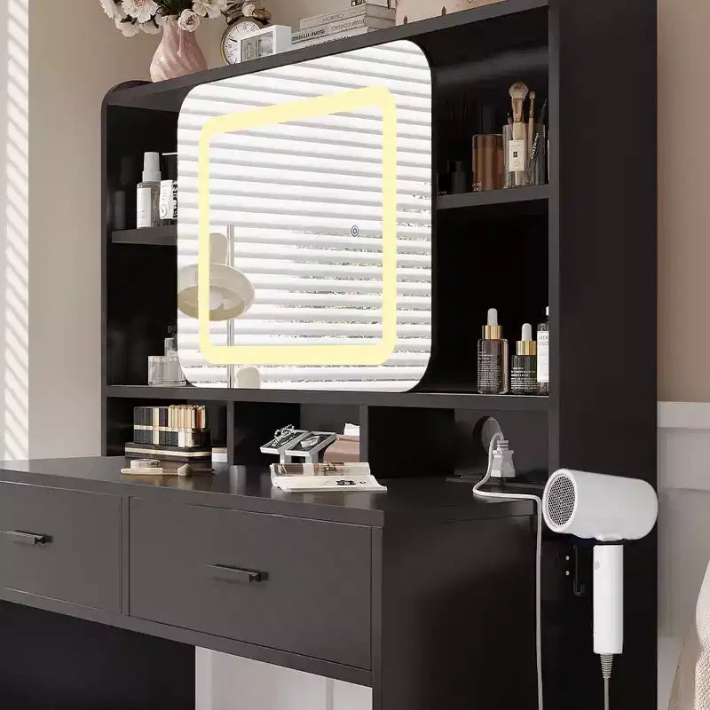 Dressers Vanity Desk with Sliding Mirror, Touch Lighting, Charging Station, 2 Drawers & Shelves, Stool, Bedroom Makeup Table
