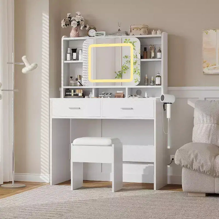 Dressers Vanity Desk with Sliding Mirror, Touch Lighting, Charging Station, 2 Drawers & Shelves, Stool, Bedroom Makeup Table