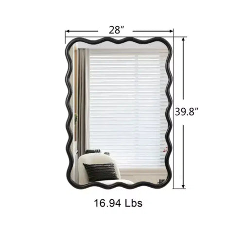 Specchio rettangolare ondulato in legno massello nero, 40 x 28, per bagno, camera da letto, soggiorno, sala da pranzo, guardaroba e ingresso