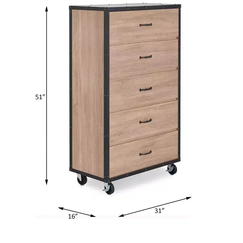 Cassettiera in legno con 5 cassetti e ruote piroettanti