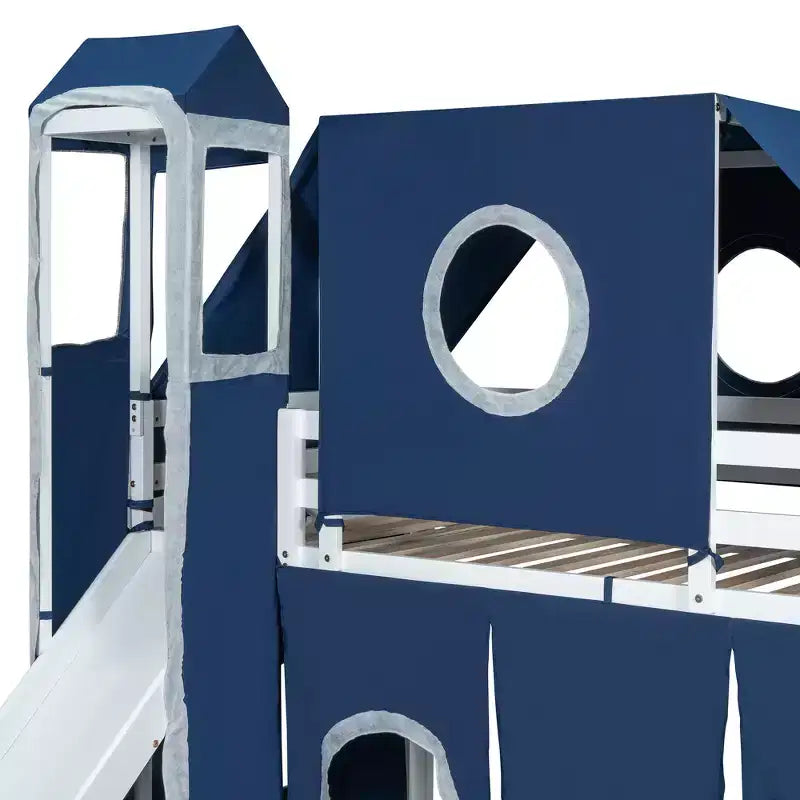 Letto a soppalco Twin/Full con scala contenitore, tenda e torretta, rosa/blu