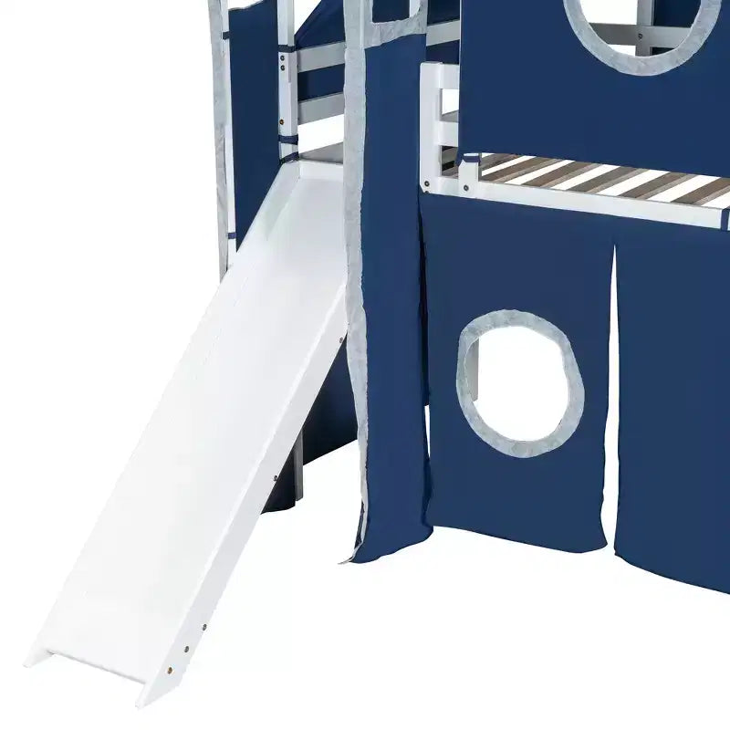 Letto a soppalco Twin/Full con scala contenitore, tenda e torretta, rosa/blu