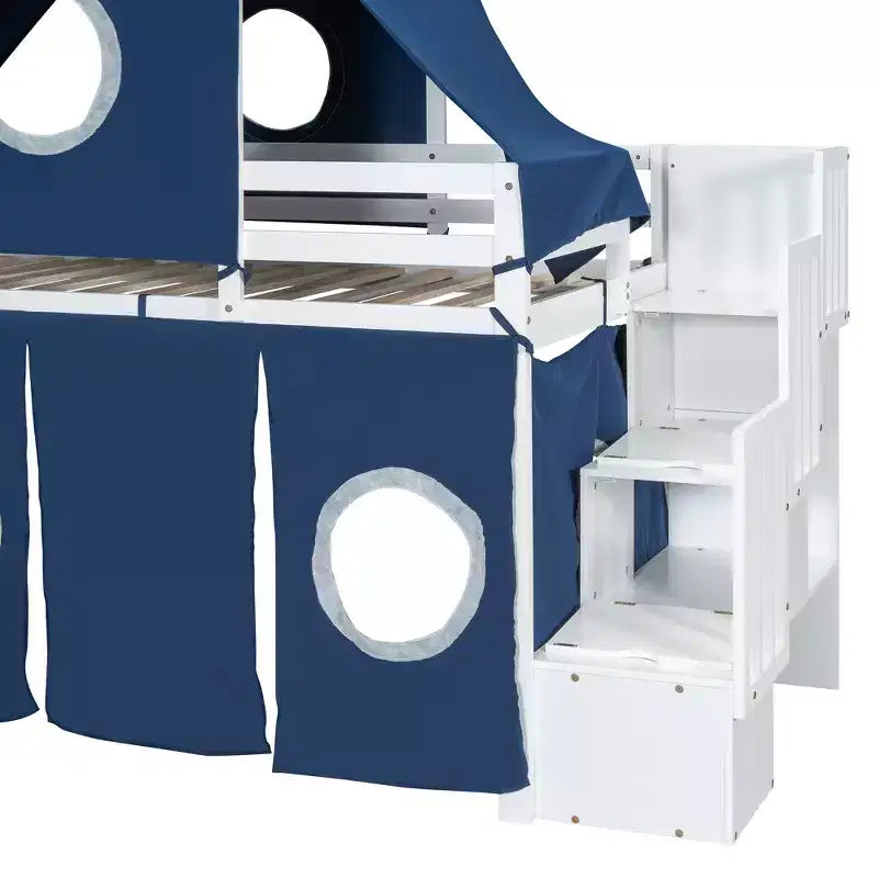 Letto a soppalco Twin/Full con scala contenitore, tenda e torretta, rosa/blu