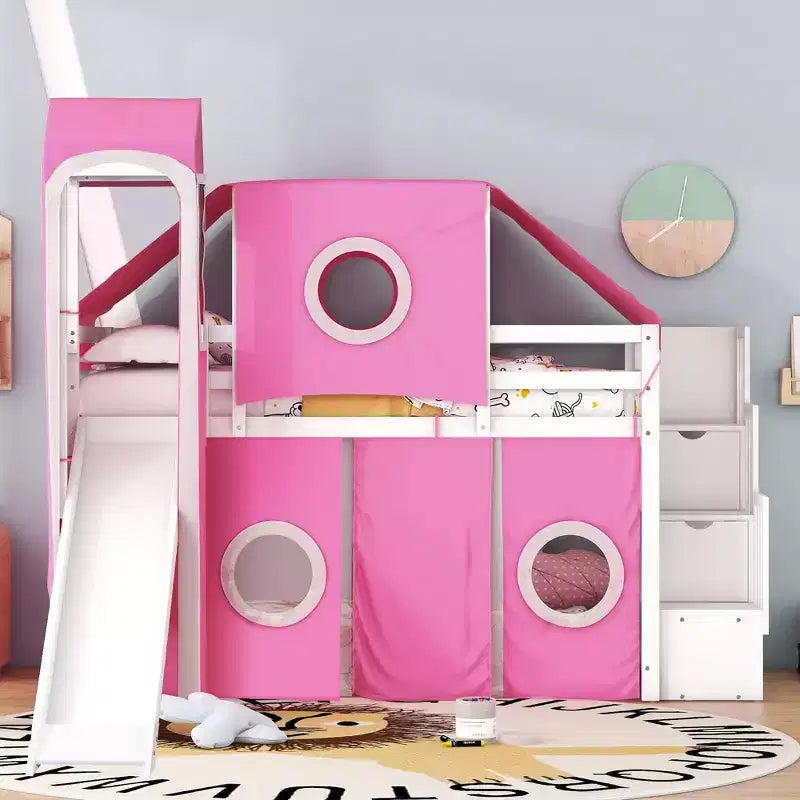 Letto a soppalco Twin/Full con scala contenitore, tenda e torretta, rosa/blu
