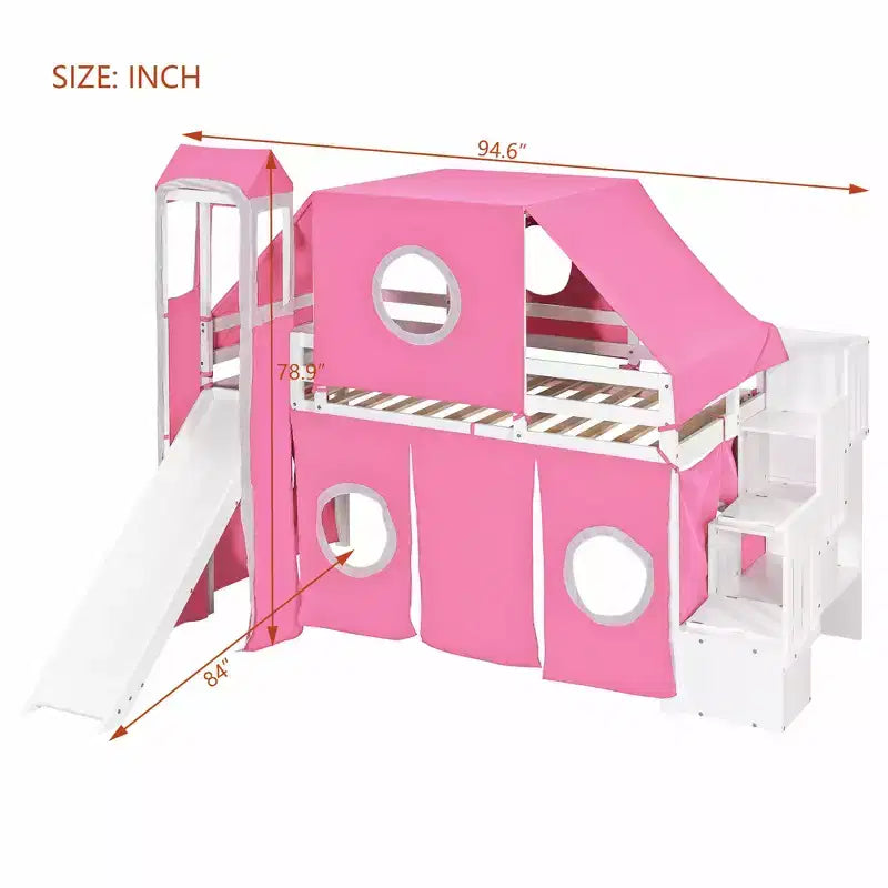 Letto a soppalco Twin/Full con scala contenitore, tenda e torretta, rosa/blu