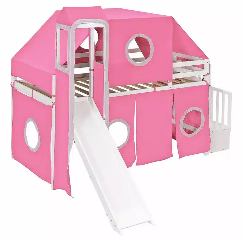 Letto a soppalco Twin/Full con scala contenitore, tenda e torretta, rosa/blu