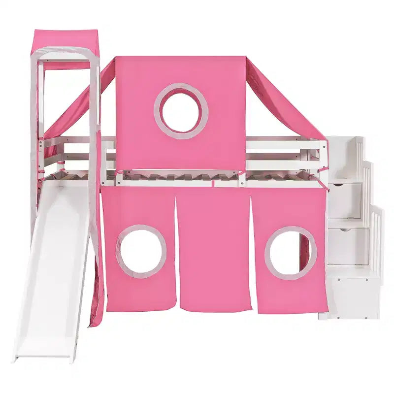 Letto a soppalco Twin/Full con scala contenitore, tenda e torretta, rosa/blu