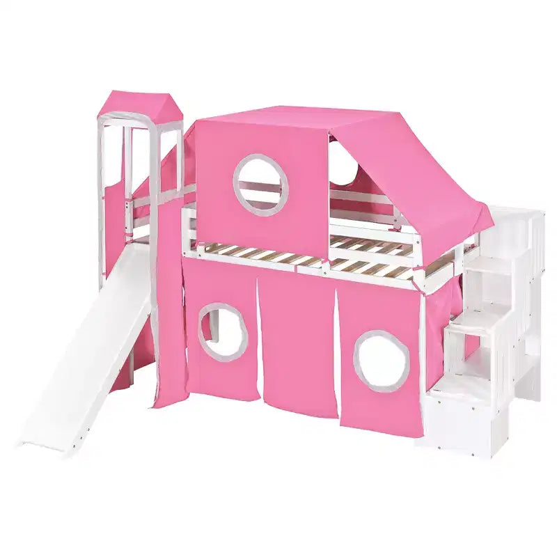 Letto a soppalco Twin/Full con scala contenitore, tenda e torretta, rosa/blu