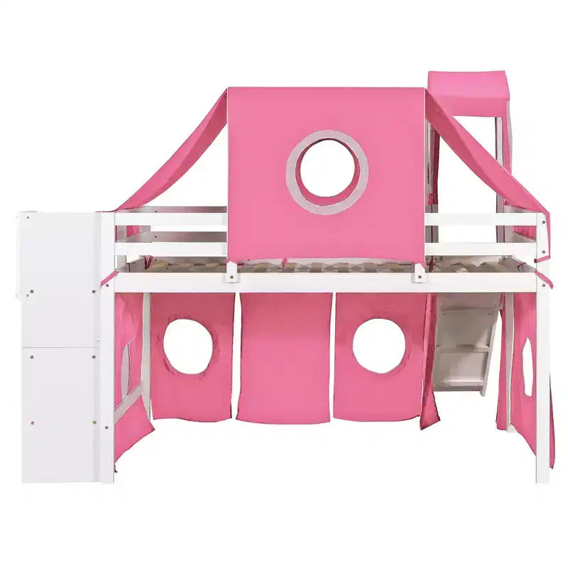 Letto a soppalco Twin/Full con scala contenitore, tenda e torretta, rosa/blu