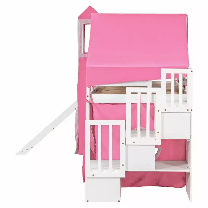 Letto a soppalco Twin/Full con scala contenitore, tenda e torretta, rosa/blu
