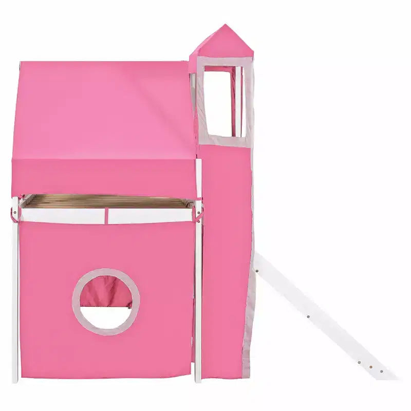 Letto a soppalco Twin/Full con scala contenitore, tenda e torretta, rosa/blu