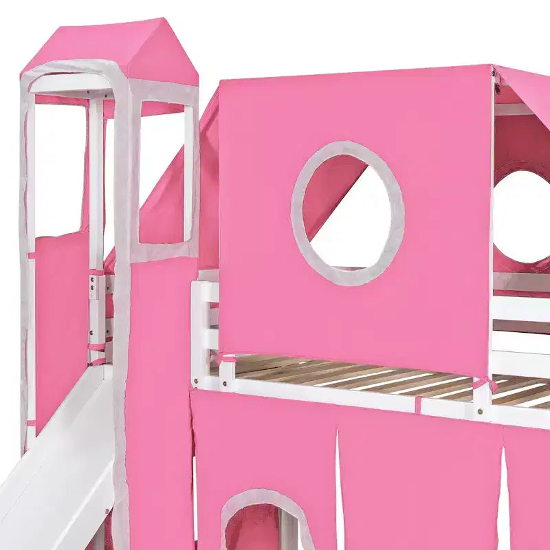Letto a soppalco Twin/Full con scala contenitore, tenda e torretta, rosa/blu
