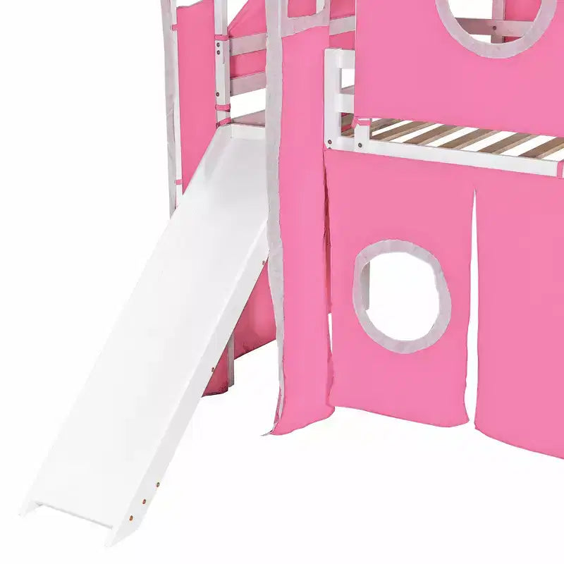 Letto a soppalco Twin/Full con scala contenitore, tenda e torretta, rosa/blu