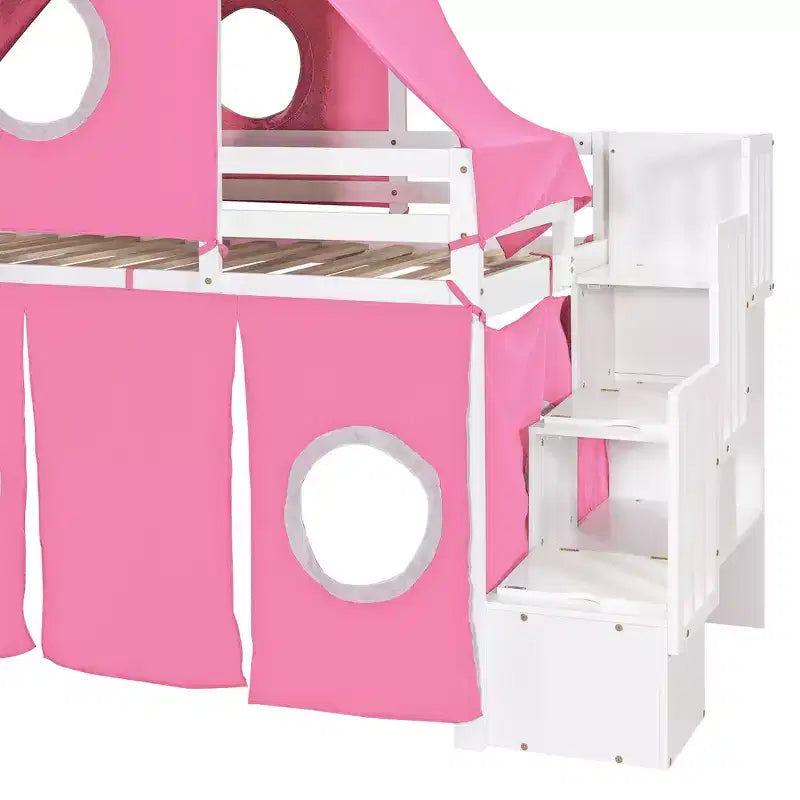 Letto a soppalco Twin/Full con scala contenitore, tenda e torretta, rosa/blu