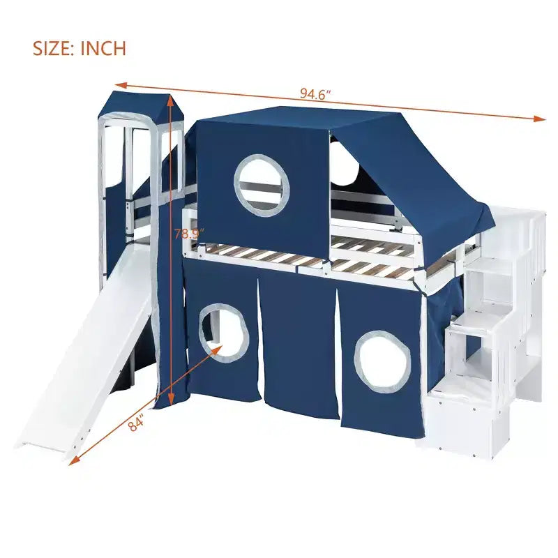 Letto a soppalco Twin/Full con scala contenitore, tenda e torretta, rosa/blu