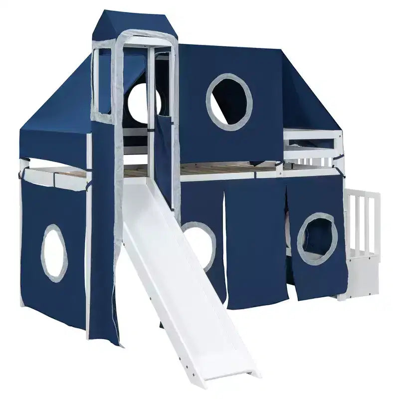 Letto a soppalco Twin/Full con scala contenitore, tenda e torretta, rosa/blu