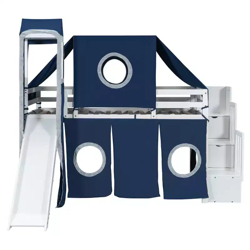 Letto a soppalco Twin/Full con scala contenitore, tenda e torretta, rosa/blu