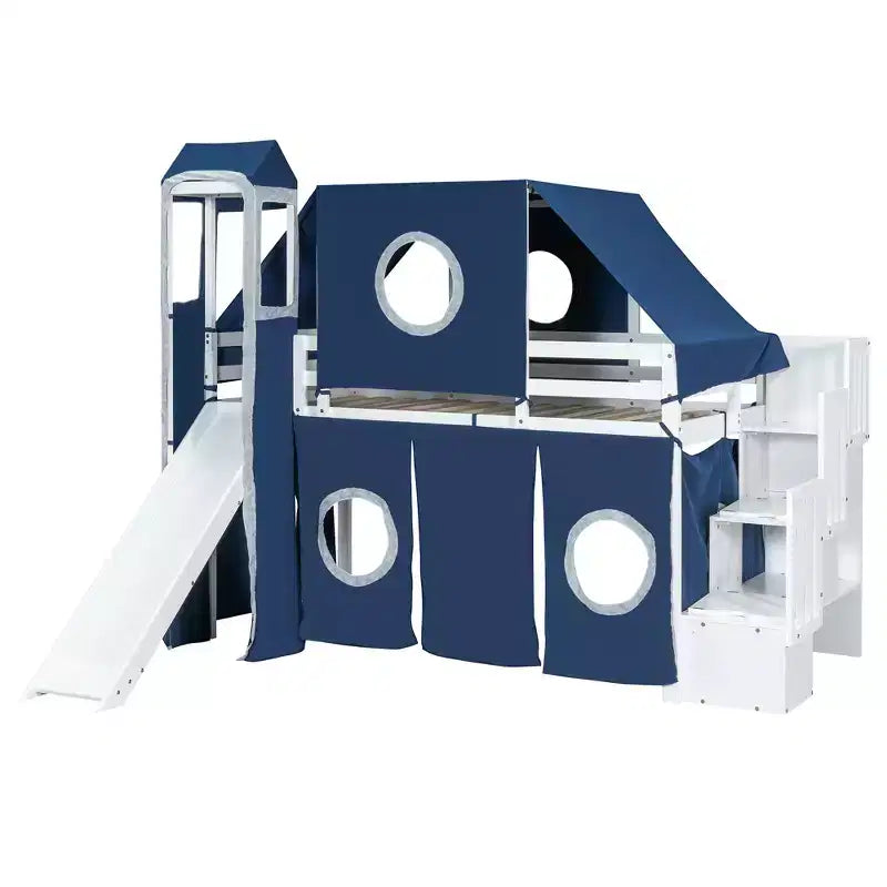 Letto a soppalco Twin/Full con scala contenitore, tenda e torretta, rosa/blu