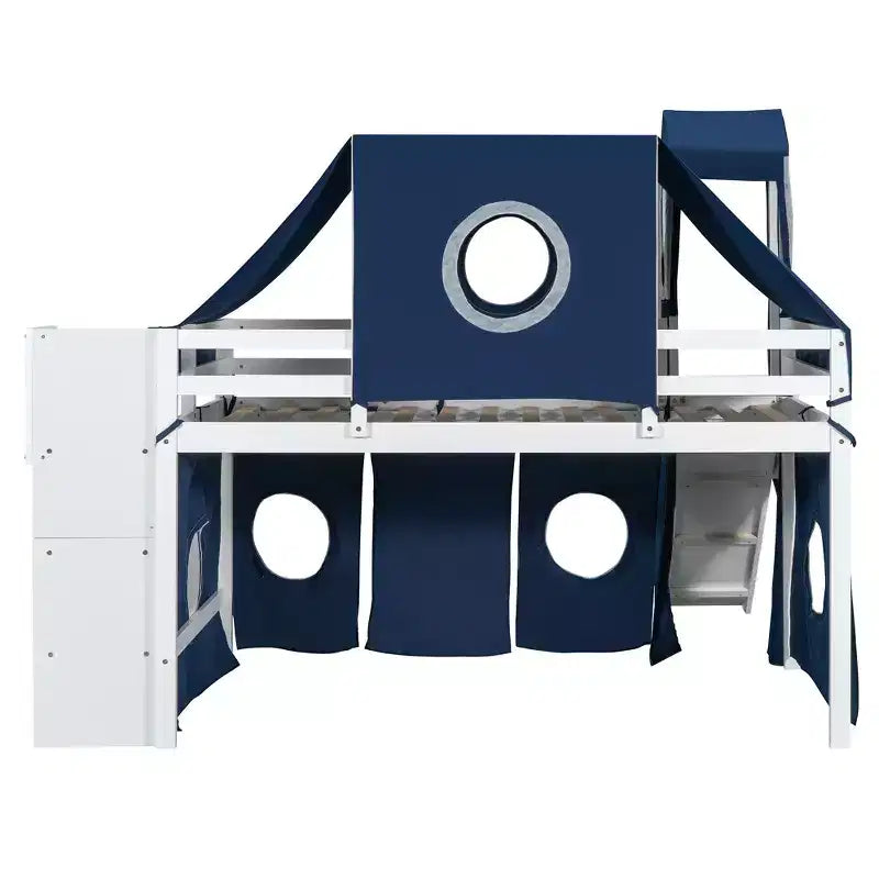 Letto a soppalco Twin/Full con scala contenitore, tenda e torretta, rosa/blu