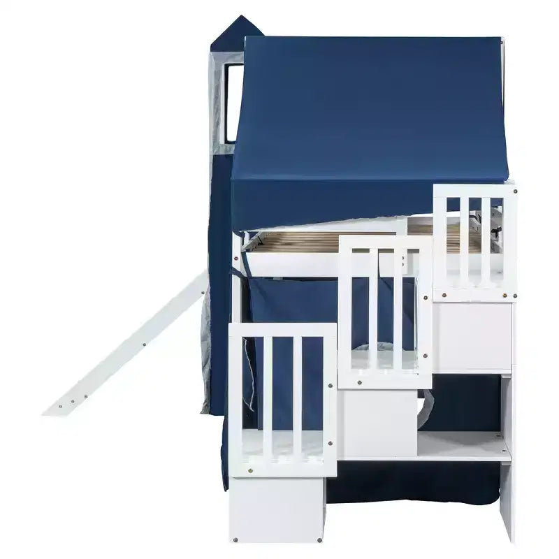 Letto a soppalco Twin/Full con scala contenitore, tenda e torretta, rosa/blu