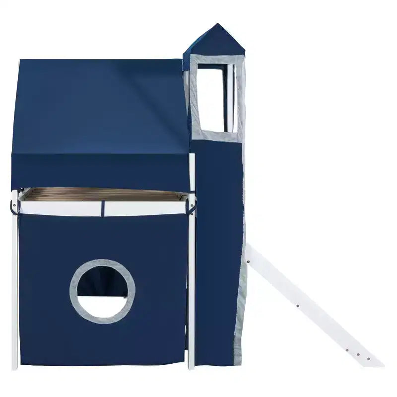Letto a soppalco Twin/Full con scala contenitore, tenda e torretta, rosa/blu