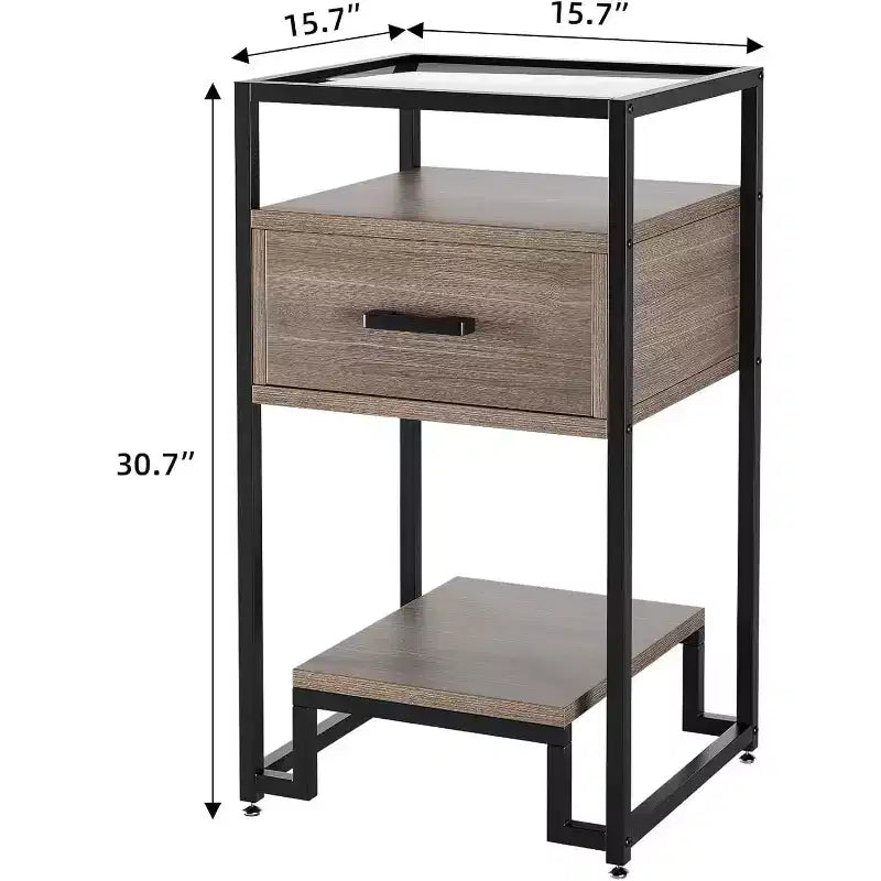 2-Pack Nightstands with Storage Drawer & Shelves, Tempered Glass Top & Steel Frame Bedside Tables for Bedroom, Dorm