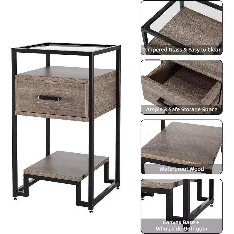 2-Pack Nightstands with Storage Drawer & Shelves, Tempered Glass Top & Steel Frame Bedside Tables for Bedroom, Dorm