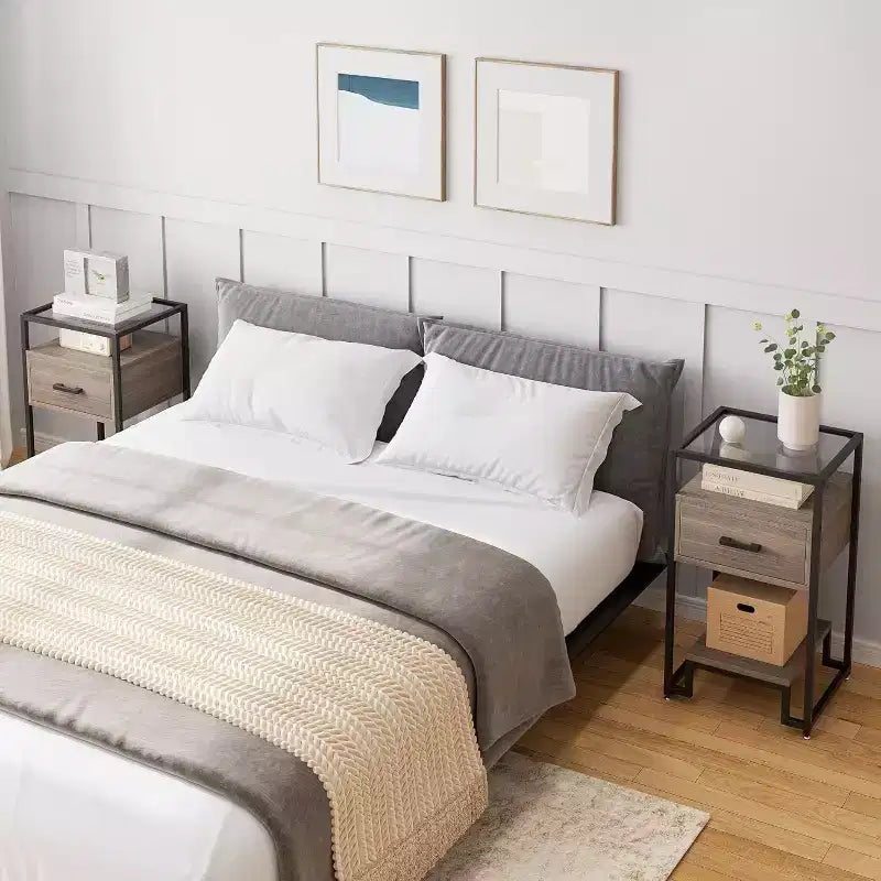 2-Pack Nightstands with Storage Drawer & Shelves, Tempered Glass Top & Steel Frame Bedside Tables for Bedroom, Dorm