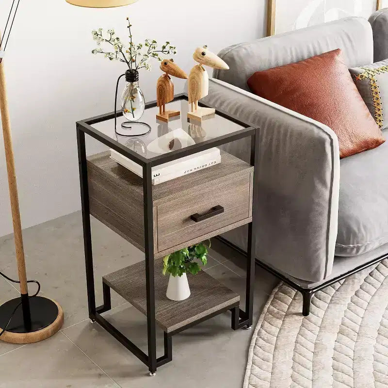 2-Pack Nightstands with Storage Drawer & Shelves, Tempered Glass Top & Steel Frame Bedside Tables for Bedroom, Dorm