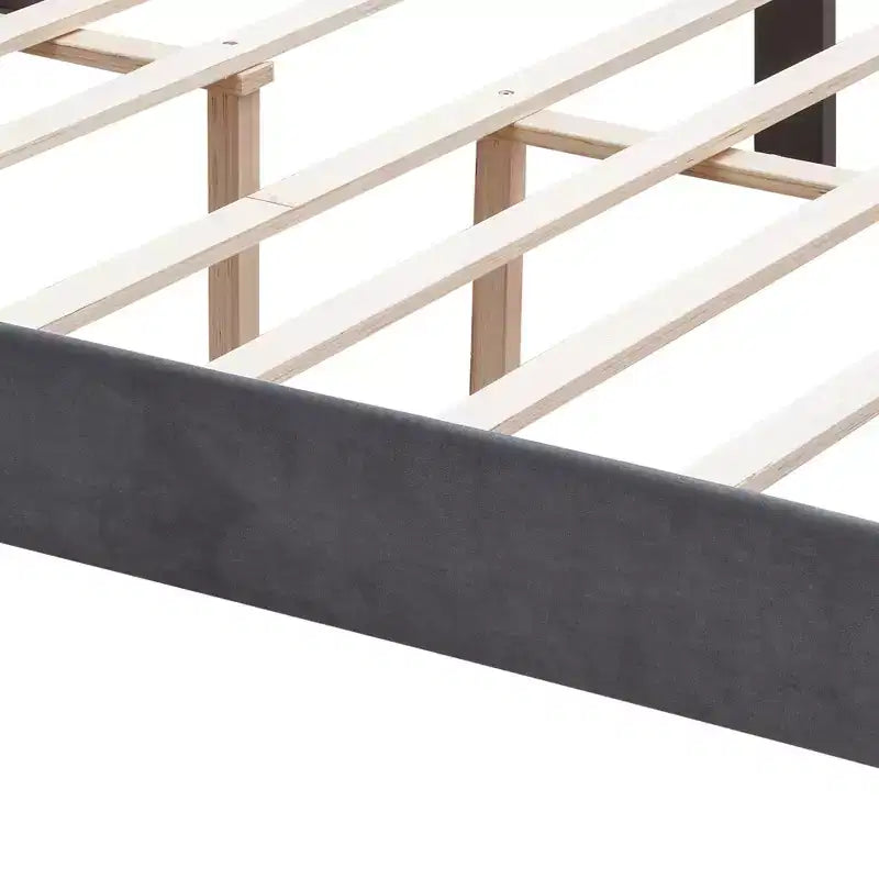 Queen Bed Frame with Headboard, Velvet Button Tufted-Upholstered Platform Bed with Wings Design and Wood Slat Support, Gray