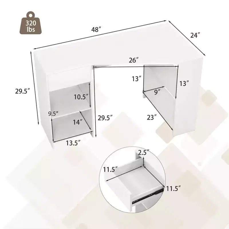 L Shaped Computer Desk with Drawer & Storage Shelves for Home Office Workstation