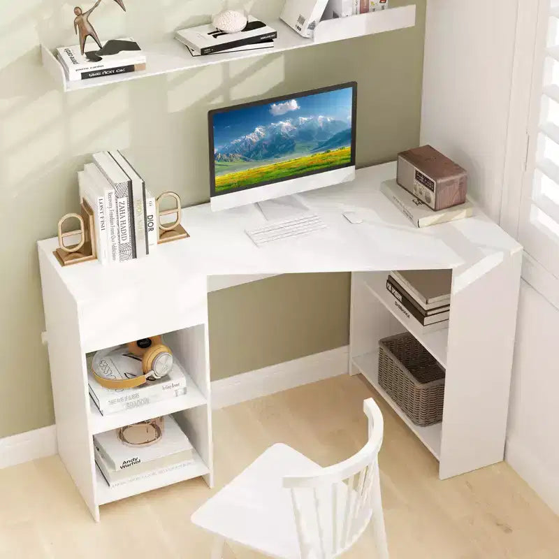 L Shaped Computer Desk with Drawer & Storage Shelves for Home Office Workstation