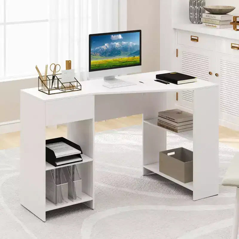 L Shaped Computer Desk with Drawer & Storage Shelves for Home Office Workstation